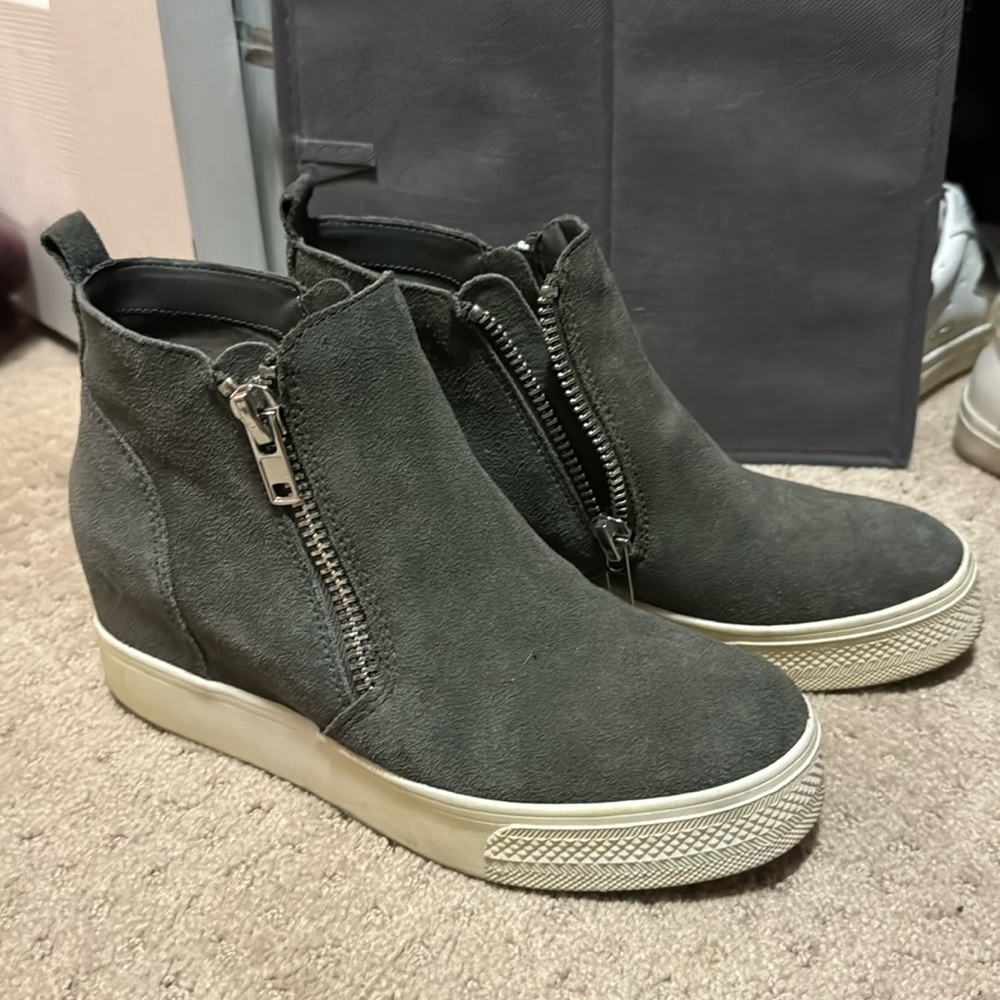 Grey Suede Steve Madden wedge booties.